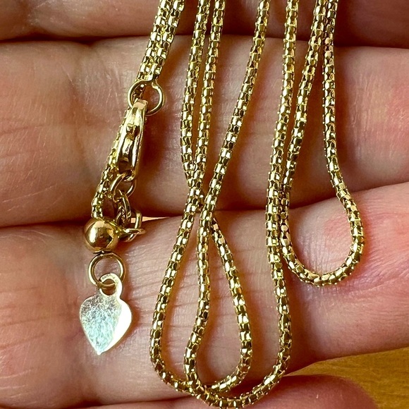 14K YELLOW GOLD LIQUID FLEXIBLE POPCORN LINK CHAIN NECKLACE HEART CHARM DETAIL
